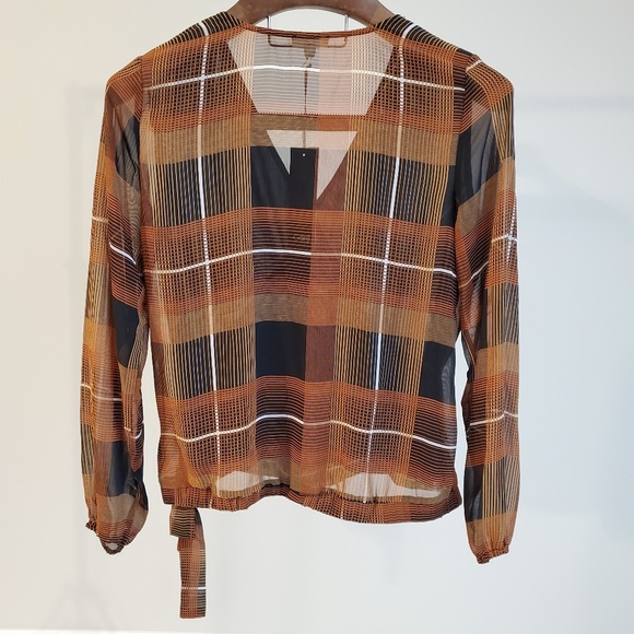 NWT Ganji LA Blouse Black Rust Orange Plaid Sheer - Picture 2 of 8